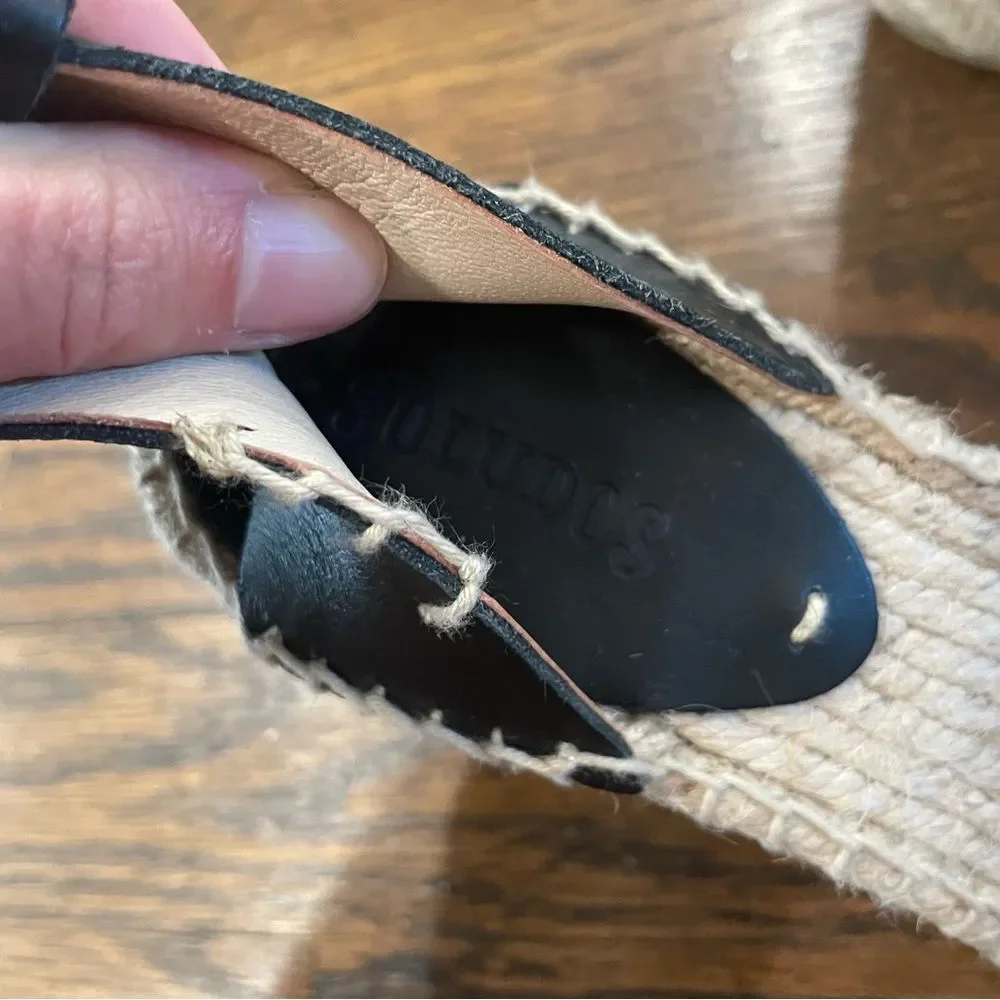 SOLUDOS Black Leather Espadrille Wedge Sandals